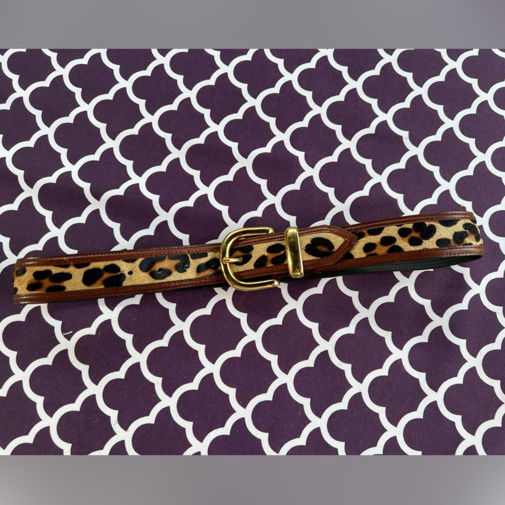 Leopard Print Leather Skinny Belt with Gold Buckle M